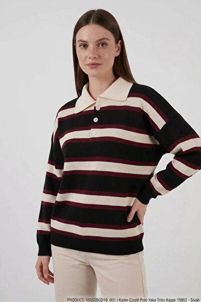 Generic Brand Women's Polo Collar Striped Knitwear Black Sweater