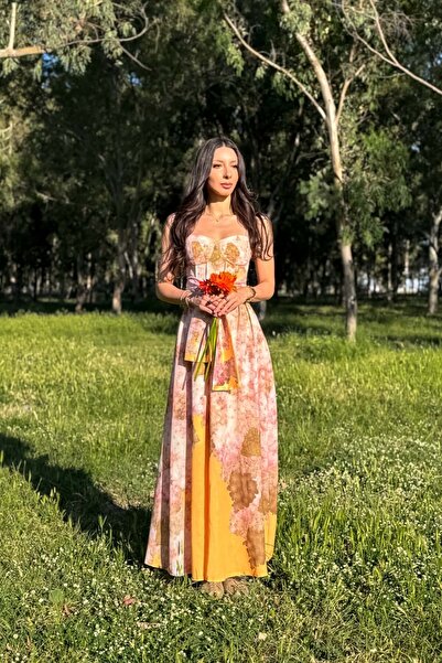 ROYAL'S AURA Pastel Floral Desenli Büstiyer Form Kuşaklı Keten Maxi Elbise