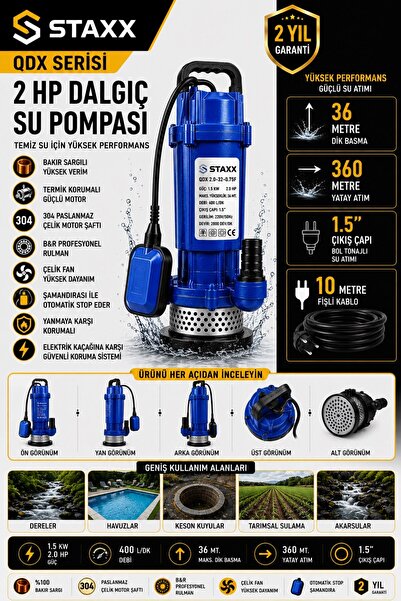 STAXX POWER QDX 2 HP Dalgıç Su Pompası Bakır Sargılı Şamandıralı 40 Metre Bas...
