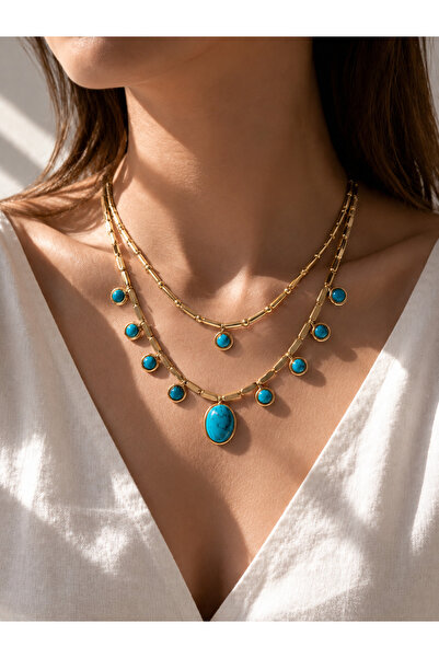 Liva Group Atelier 2-Piece Turquoise Stone Gold Detailed Design Necklace (2-P...