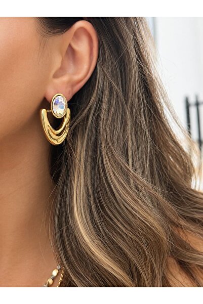 LEROSY CO. Oval Stone Detailed Gold Women's Earrings