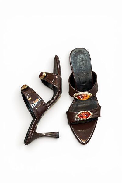 HANZE Women's Slippers Heeled Brown Buckle Pointed Evening Dress Shoes New Se...