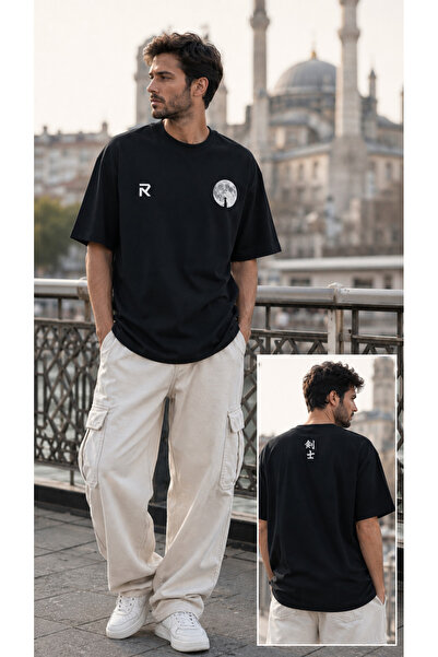Erkek Oversize Siyah Anime Samurai Baskılı Tişört 30/2 Süprem Kumaş