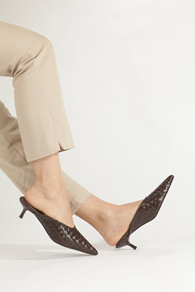 PİMORA Brown Knitted Pointed Toe Slippers with 4 cm Thin Heel New Season