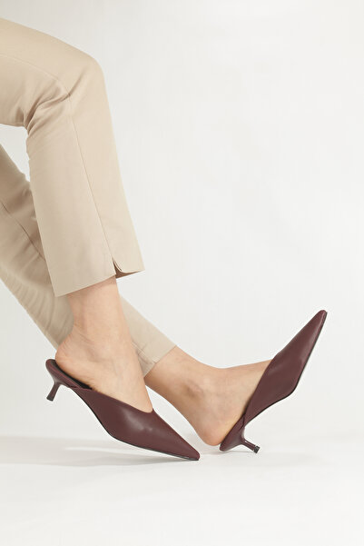PİMORA Burgundy Leather Pointed Toe Slippers 4 cm Thin Heel New Season
