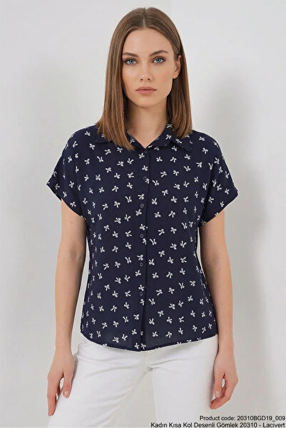 buğrahayalin Women's Short Sleeve Plain Pattern Viscose Navy Blue Shirt
