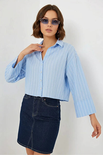 buğrahayalin Women's Oversize Striped Viscose Blue Shirt