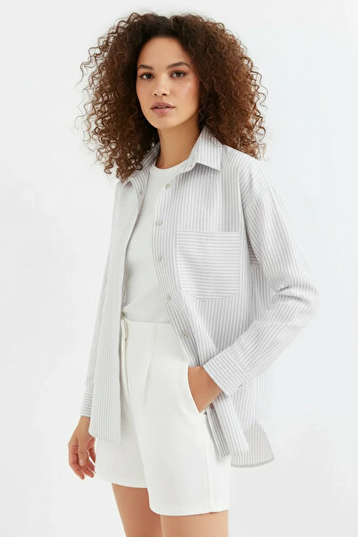 buğrahayalin Women's Oversize Single Pocket Striped Cotton Beige Shirt