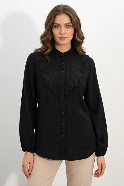 buğrahayalin Women's Ruffled Lace Detailed Black Shirt