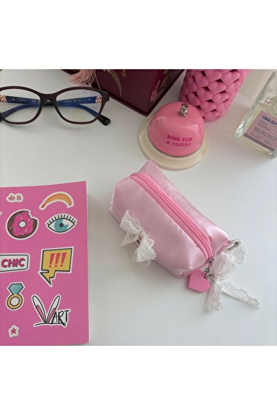 PİNKUE Pembe Saten Fiyonklu Mini Cüzdan/ AirPods-Kulaklık Kılıfı/ Anahtarlık/...