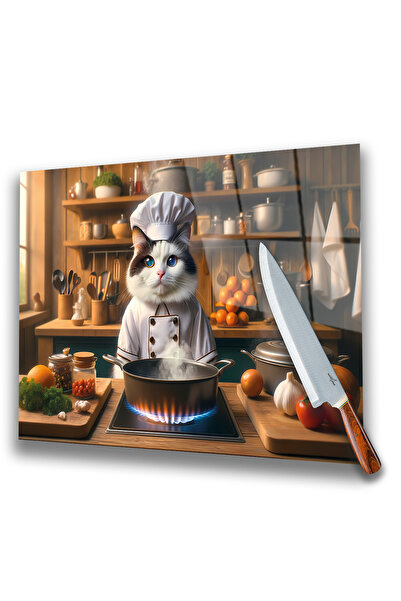 home dekors Cute Chef Cat Patterned Tempered Glass Cutting Board and Presenta...