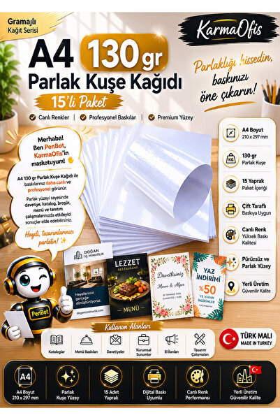 KarmaOfis Beyaz A4 130 gr Parlak Kuşe Kağıdı 15 Adet | Canlı Renkler ve Profe...