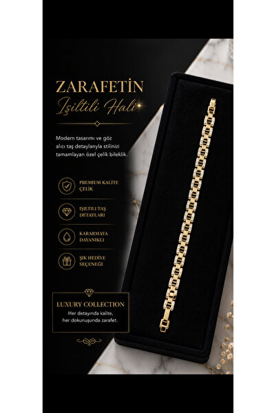 GB Sign Premium Gold Zirkon Taşlı Luxury Çelik Bileklik