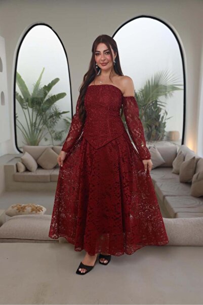Nice Model Burgundy Lace Evening Dress with Pearl Embellishments