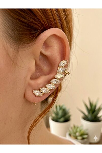 Çağla Accessories Zircon Stone Gold Earrings with Earcuffs