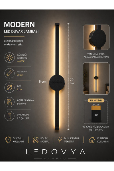 ledovya Modern Kablosuz Tak Çalıştır Ledli Pilli Aç Kapa Butonlu Aplik 70 cm ...