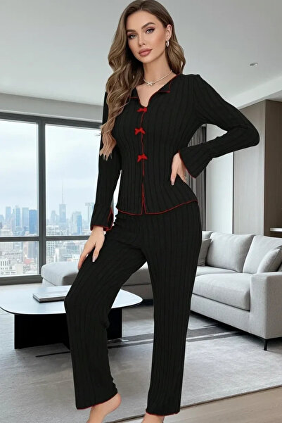 Beruflic Women's Black Red Ribbed Bow Detailed Long Sleeve Seasonal Pajama Se...