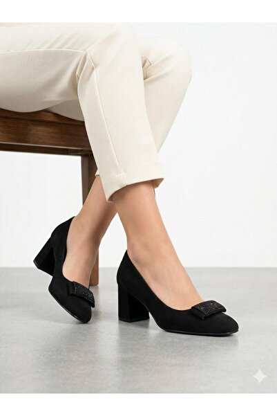 Lütfi Women's Black Suede Thick Heel Shoes with Bow Detail