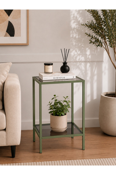 AVİBO HOME Verde Yeşil Yan Sehpa Metal Füme Cam Raflı Modern Sehpa 30*40*60 cm