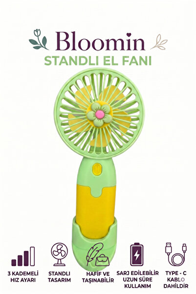 Bloomin Standlı Şarjlı Mini Taşınabilir El ve Masa Fanı - 3 Kademeli, Sevimli...