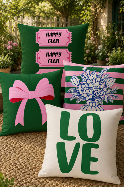 stellahomes Yeşil Pembe Dekoratif Yastık Kılıfı Seti 4'lü Modern Love Kurdele...