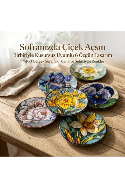 EMBazaar 6 Parça Renklerin Dansı Seramik Çay Tabağı Bardak Altlığı Seti 12.5 cm