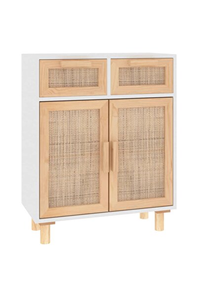 vidaxl Servantă, alb, 60x30x75 cm, lemn masiv pin și ratan