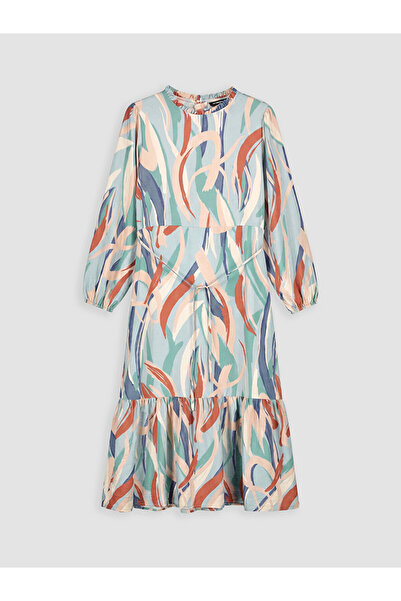 LC Waikiki Mixed Ruffle Trim High Collar Patterned Belted Dress