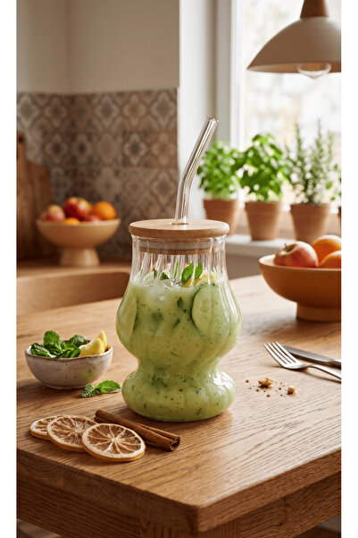 SepetçiBaba Bambu Kapaklı Cam Pipet Hediyeli Cam Bardak Kahve Detoks İçecek B...