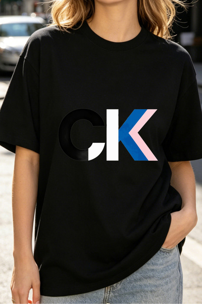 Fleck Womens T Shirts CK Logo Graphic Print Casual Oversized Streetwear Style...