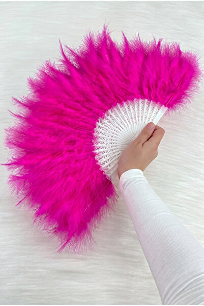 ZEYMERADE Large Size Fuchsia Feathered Bridal Fan, Wedding Henna Bridesmaid B...