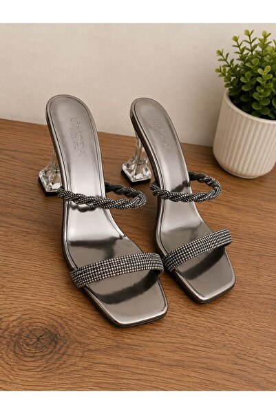 GENCTANİR SHOES Women's Silver Stone Banded Transparent Heeled Evening Dress ...