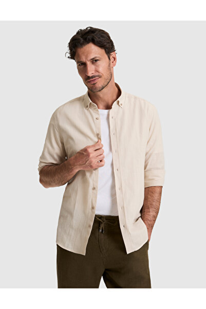 Pierre Cardin Dark Beige 100% Cotton Linen Look Slim Fit Long Sleeve Shirt 50...