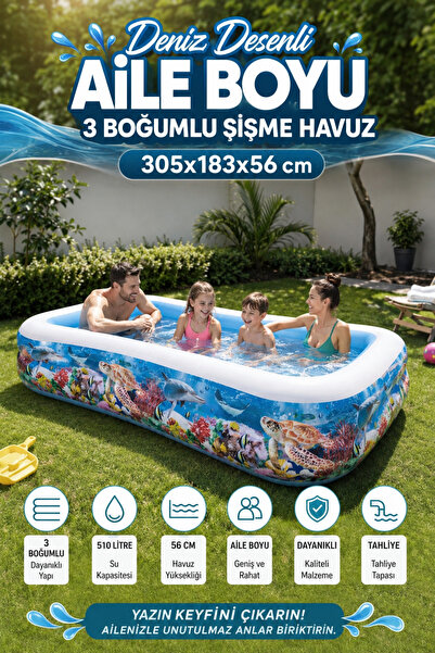 craftivio Deniz Desenli Aile Boyu Şişme Havuz 305x183x56 cm 3 Boğumlu Büyük B...