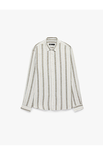 Koton Classic Collar Long Sleeve Viscose Linen Blend Loose Fit Striped Shirt