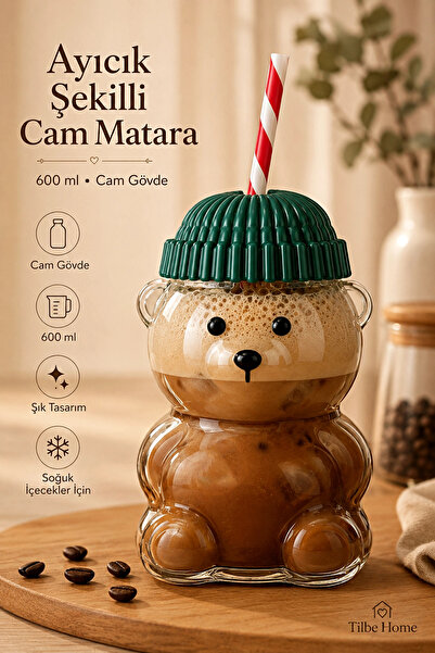 Tilbe Home Ayıcık Şekilli Cam Su Matarası 600 ml Beyaz Pipetli Kapaklı Suluk ...