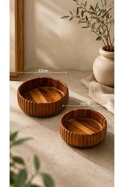 Maloria Acacia Dark Color Line Patterned Salad Bowl |   2 - Pieces (19cm, 22cm)
