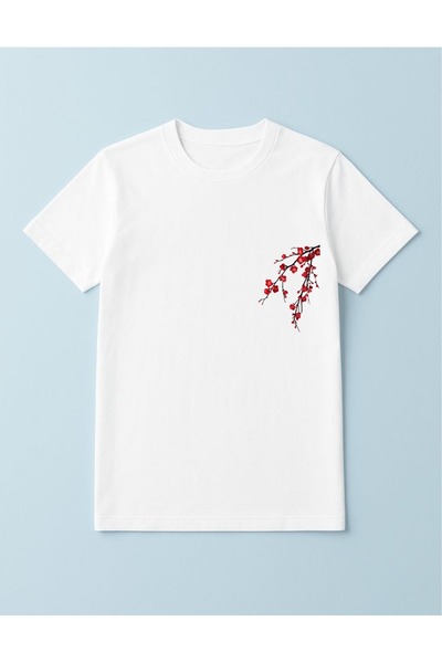 Krays White Unisex Minimalist Sakura Flower Patterned Standard Fit Regular Fit Cotton Crew Neck Graphic Printed Tshirt