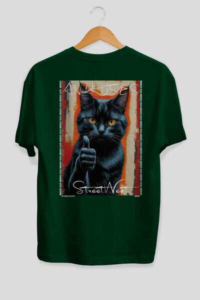 Ankhises For the Love of Cats 58 Cats Printed Green Oversize T-Shirt 100% Cot...