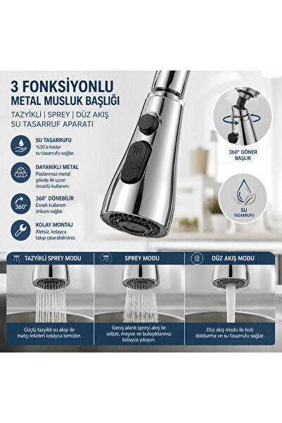 DEYHOME 3 Fonksiyonlu Metal Musluk Başlığı Tazyikli Spreyli 360° Döner Su Tas...