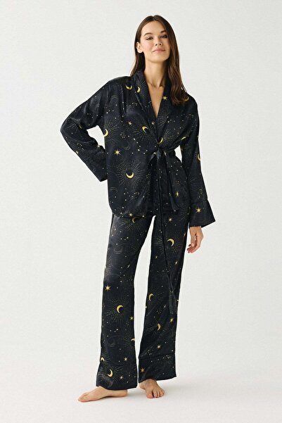 C&City Luna Touch Kimono Pants 2-Piece Satin Set Navy Blue