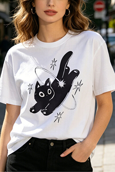 Fleck Womens T Shirts Cat In Space Graphic Print Casual Loose Fit Summer Top ...