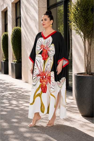DARKWIN Plus Size Batwing Sleeve V-Neck Floral Print Loose Women's Long Dress