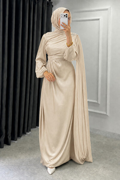 Abiye Diyarı Diores Stone Detailed Cape Janjan Fabric Hijab Evening Dress - C...