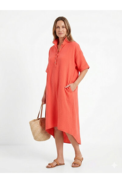 moda rüyası Women's Muslin Fabric Button Detailed Oversize Shirt Collar Asymm...