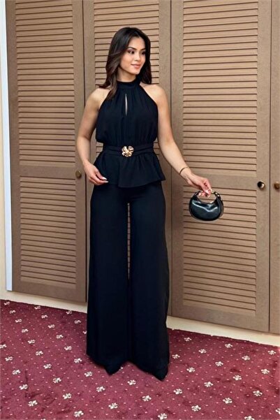 Neşeli Butik kadın siyah halter yaka bel toka kemer detaylı geniş paça premiu...