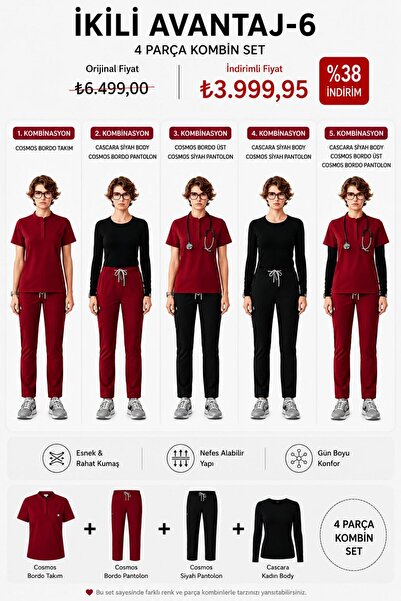 SAR UNIFORM 4 Parça Scrubs Kombin Seti Bordo Medikal Forma Hemşire Doktor Üni...