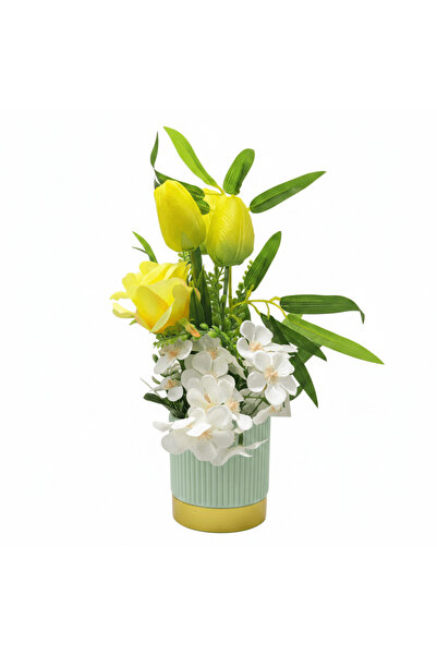 AKDC ZEEM Artificial Flower Arrangement Yellow Tulip & White Orchid | Sage Gr...