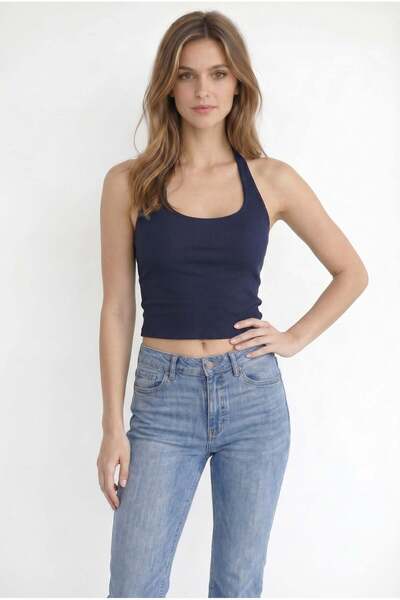 Tudors Camisolă de damă, slim fit, din bumbac, cu guler halter, bleumarin, crop