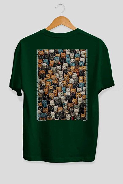 Ankhises For the Love of Cats 114 Cat Printed Green Oversize T-Shirt 100% Cot...
